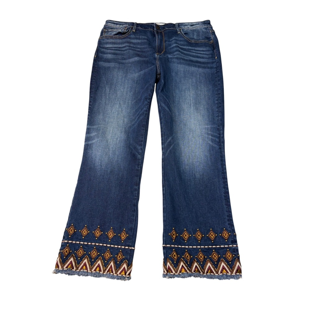 Driftwood Colette Embroidered Wide Leg Crop Jeans Women W33 L26 Boho Studded Hem